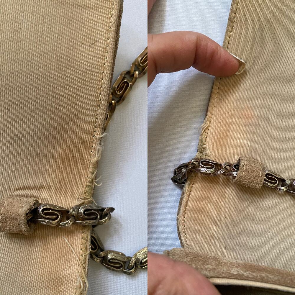 Vintage Suede Mini Shoulder Bag Camel Beige Chain Strap 70s/80s - Picture 16 of 17